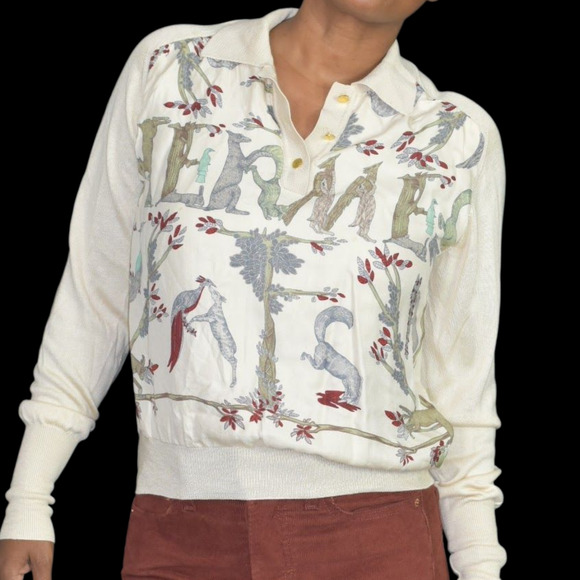 Vintage Hermes Alphabet Polo Top Beige Print Silk Scarf Knit Annie Faivre Small - Picture 2 of 16